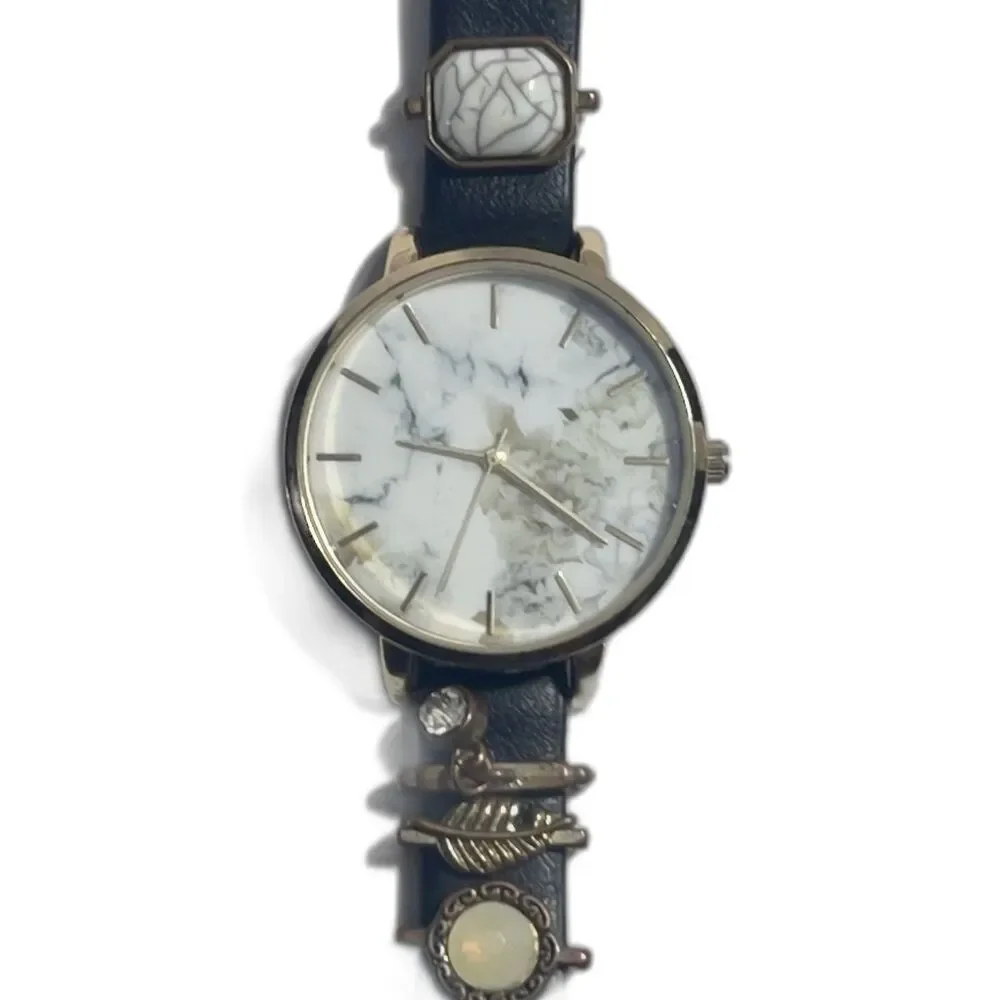 Womens Watch -Black Band w/ Charms - Marbled White Dial- Gold Tone- New Battery